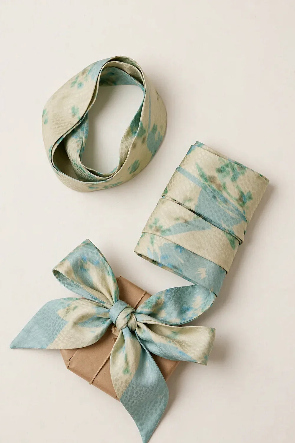 Silk ribbon flat lay showing hair, wrist and gift uses