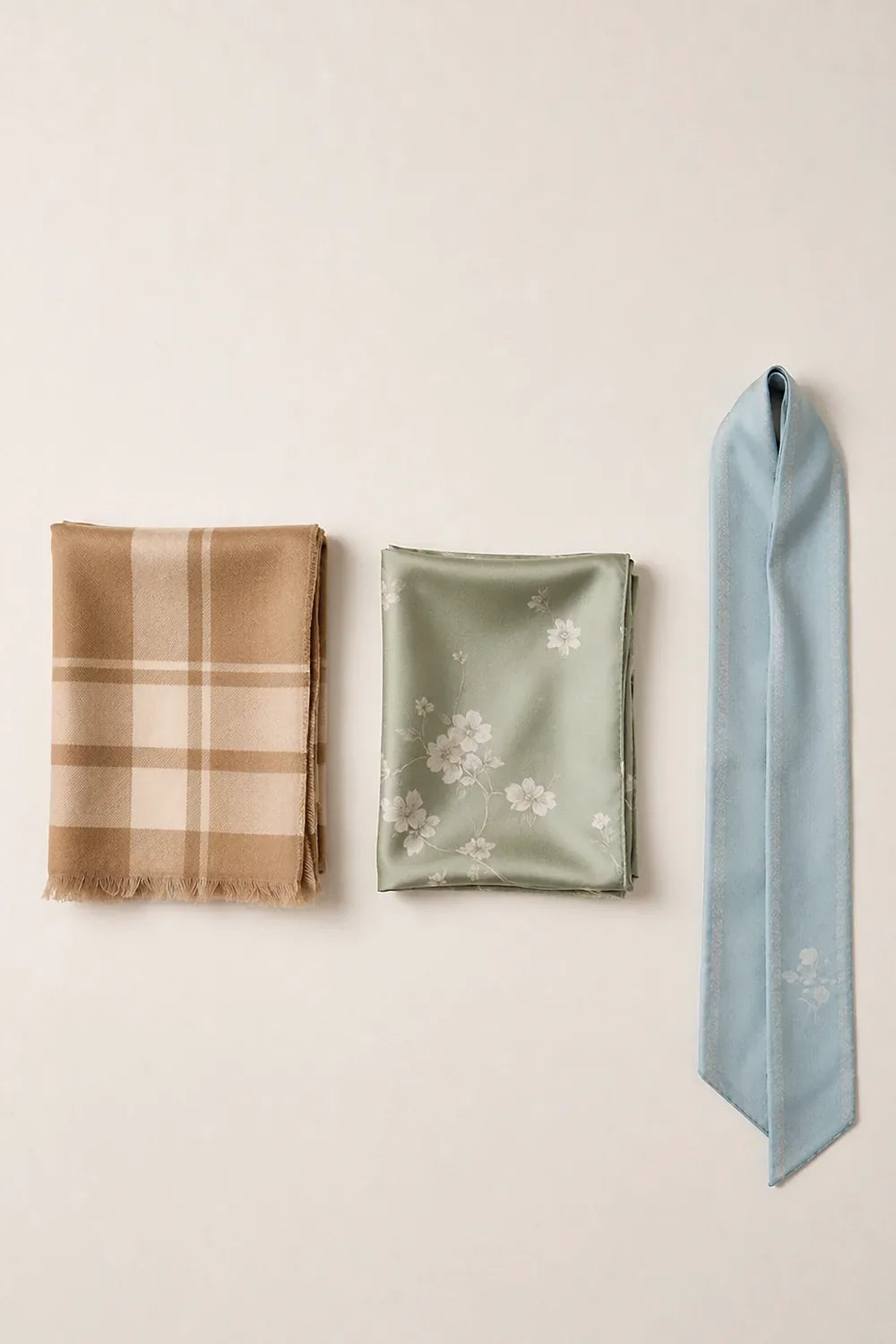 Silk square, twilly and long wrap compared