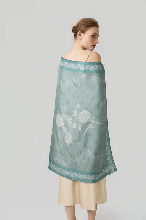 Garden Veil – 90cm hand-rolled silk scarf with double-face printed floral design in green and beige