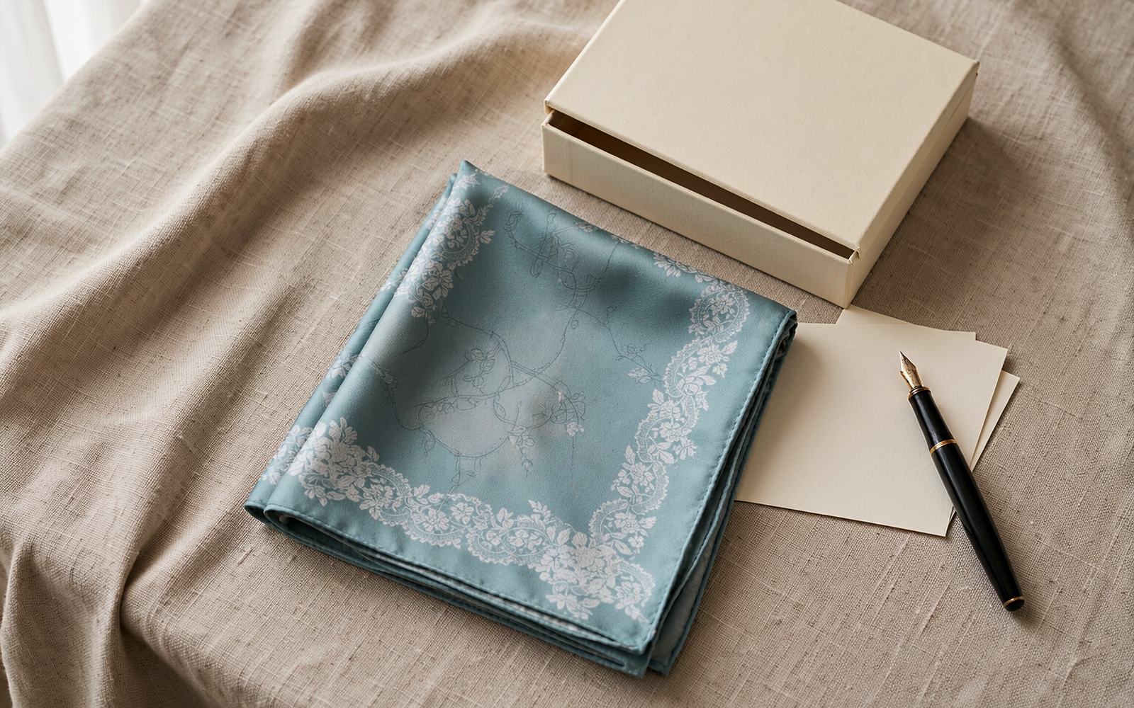Hand-rolled silk square scarf folded beside a cream gift box on a linen surface