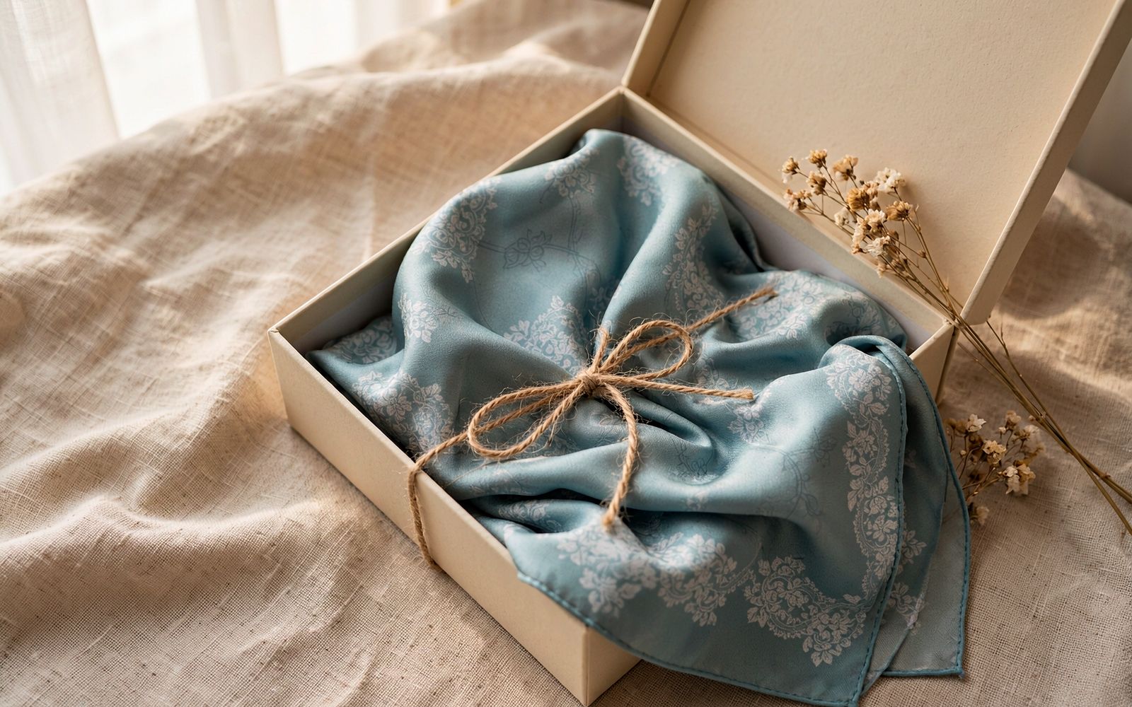 Open gift box with a silk scarf corner spilling out, tied with twine and dried flowers