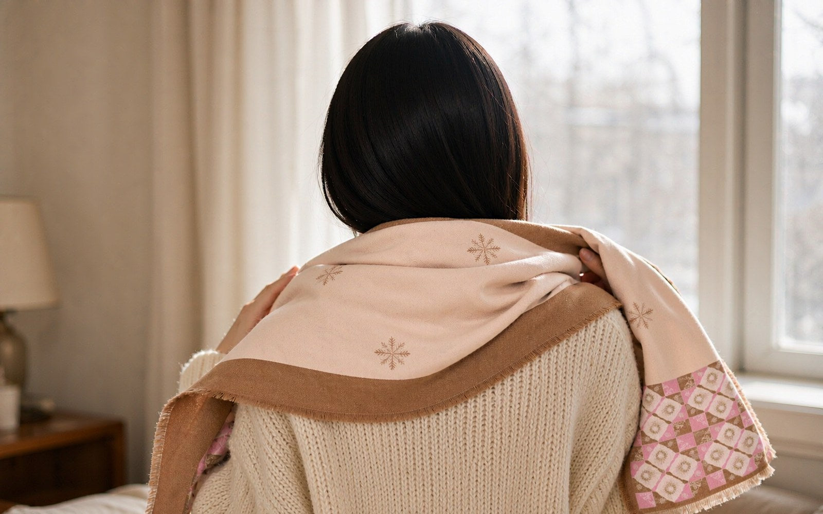 Hair lying smooth after removing a silk-wool scarf indoors in winter