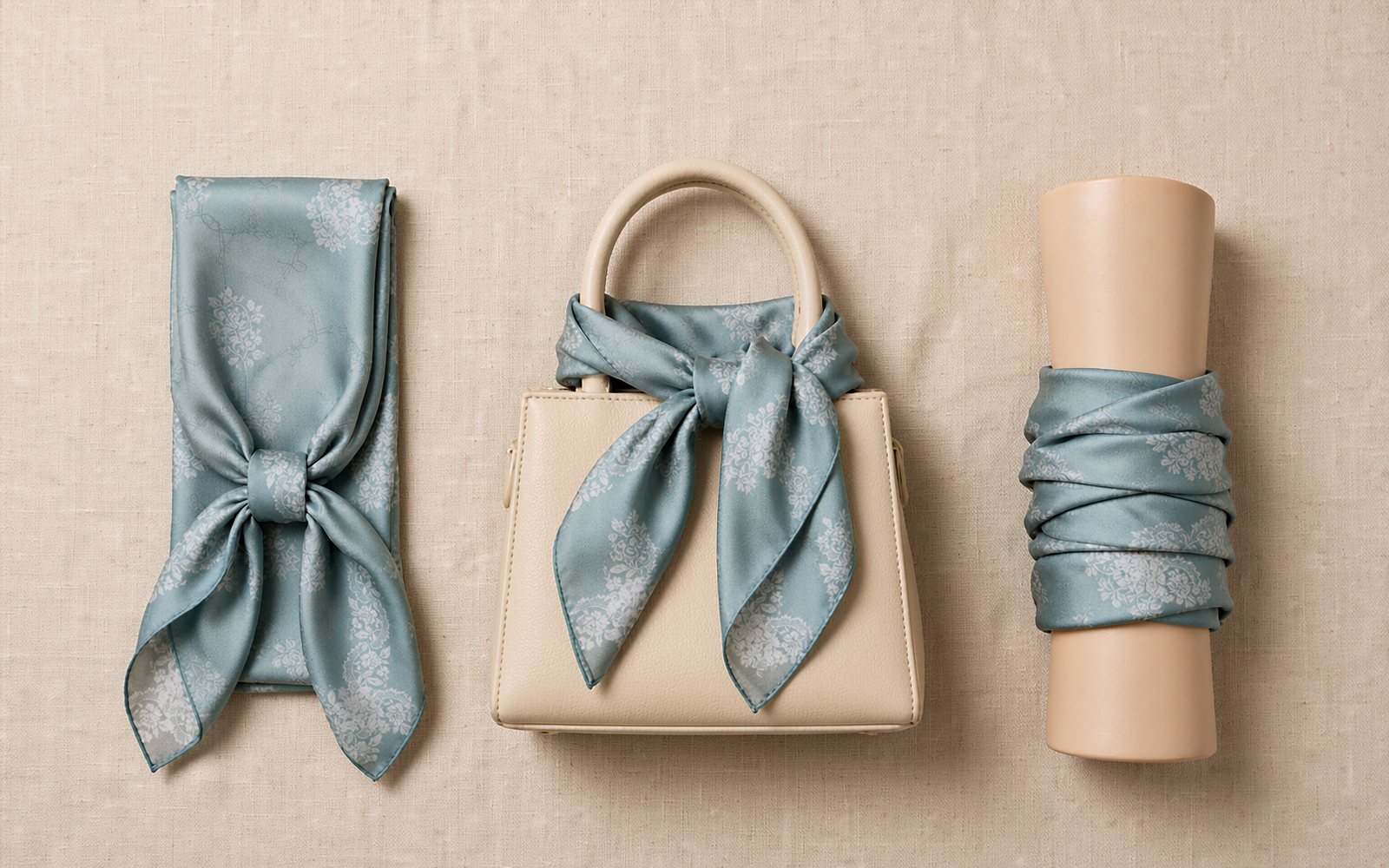One silk square styled three ways: around the neck, on a bag handle, and in hair