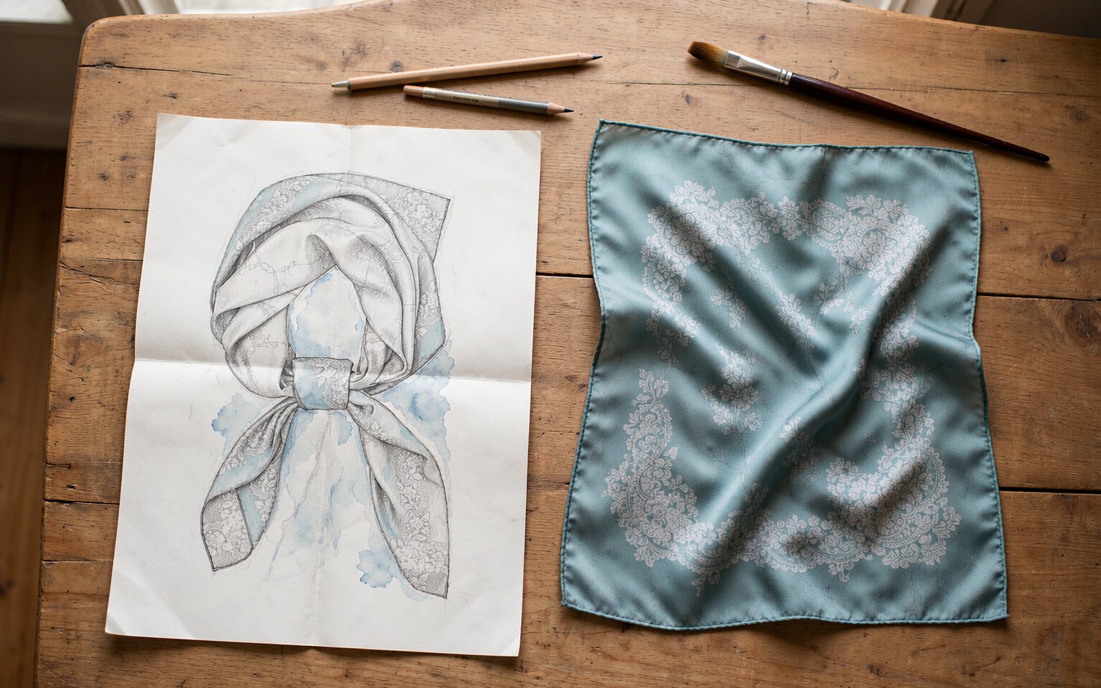Hand-drawn botanical sketch placed next to the finished silk print